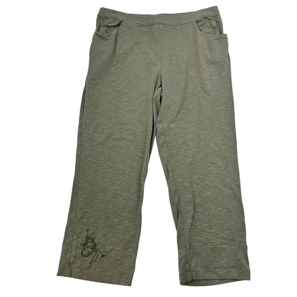 Weekends by Chico’s Cropped Sage Green Straight Leg Pants Sz Medium Embroidered